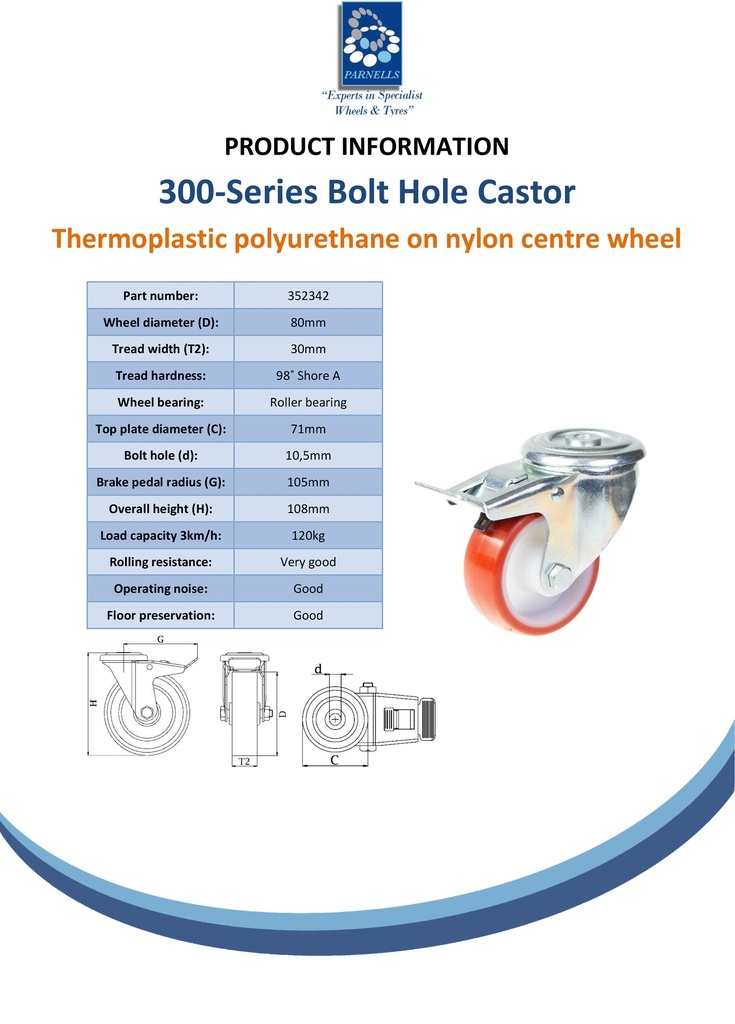 300 series 80mm swivel/brake bolt hole 10,5mm castor with polyurethane on nylon centre roller bearing wheel 120kg - Spec sheet