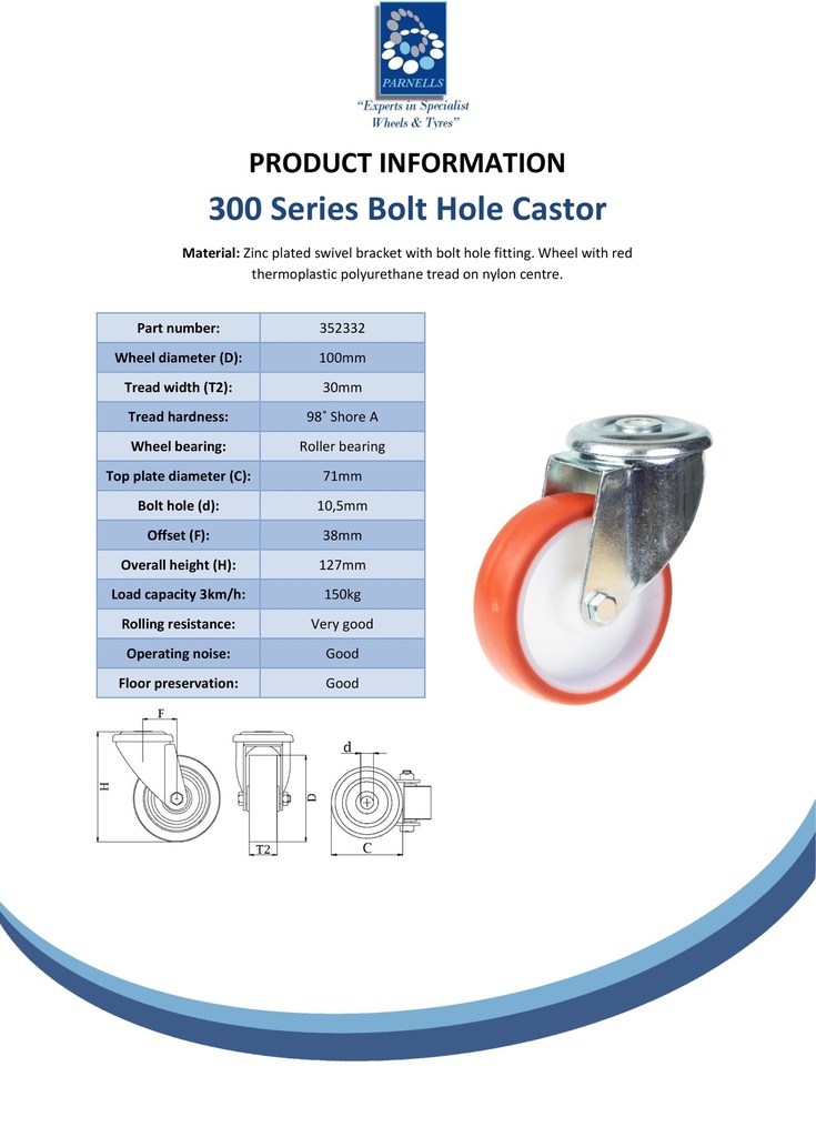 300 series 100mm swivel bolt hole 10,5mm castor with polyurethane on nylon centre roller bearing wheel 150kg - Spec sheet
