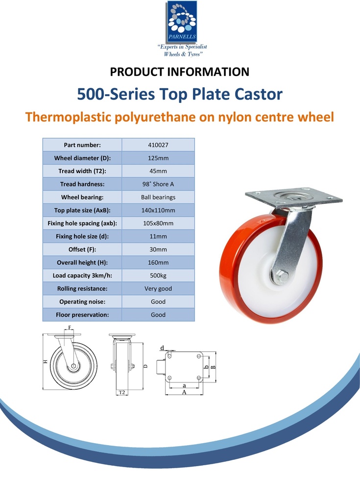 500 series 125mm swivel top plate 140x110mm castor with polyurethane on nylon centre ball bearing wheel 500kg - Spec sheet