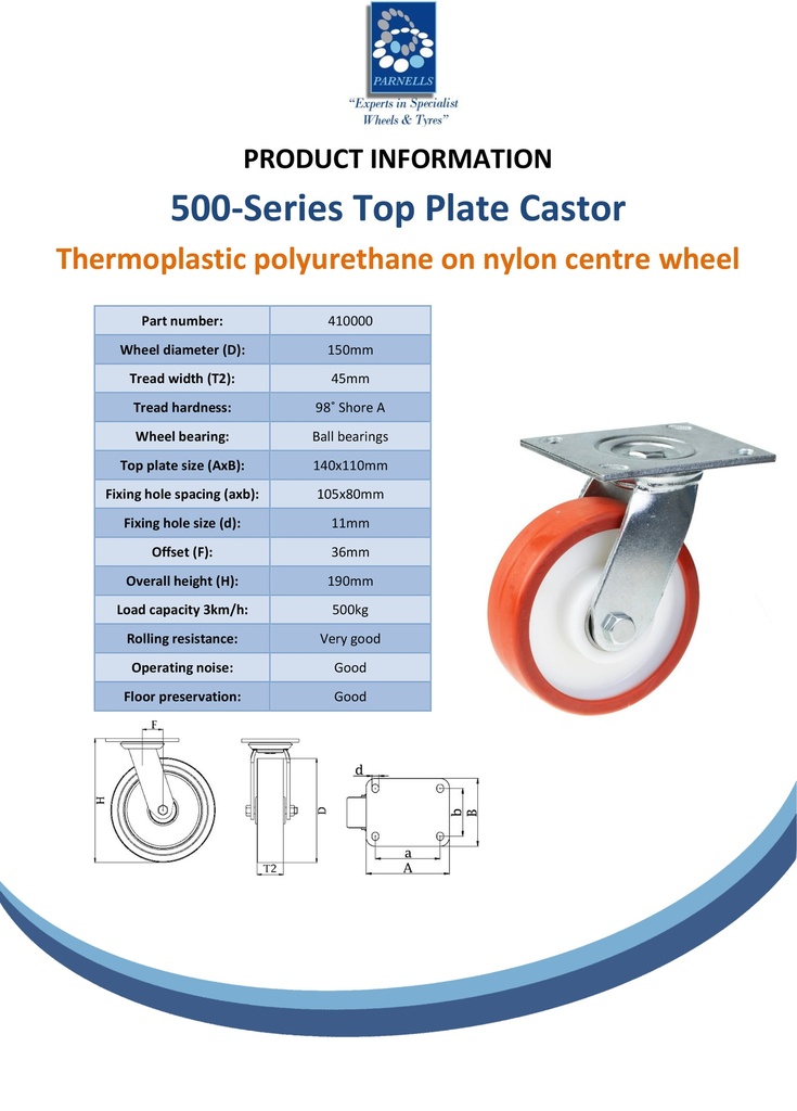 500 series 150mm swivel top plate 140x110mm castor with polyurethane on nylon centre ball bearing wheel 500kg - Spec sheet