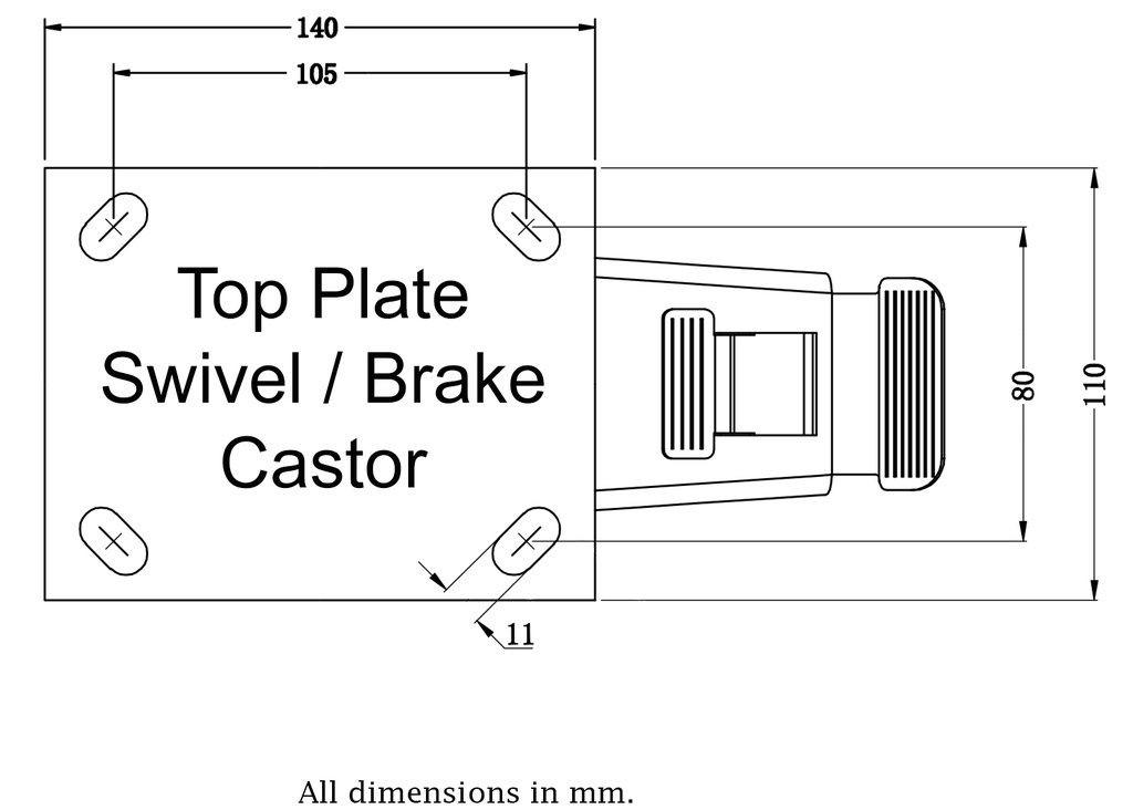 500 series 150mm swivel/brake top plate 140x110mm - Plate drawing