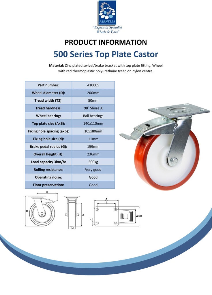 500 series 200mm swivel/brake top plate 140x110mm castor with polyurethane on nylon centre ball bearing wheel 500kg - Spec sheet