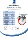 500 series 200mm swivel/brake top plate 140x110mm castor with polyurethane on nylon centre ball bearing wheel 500kg - Spec sheet