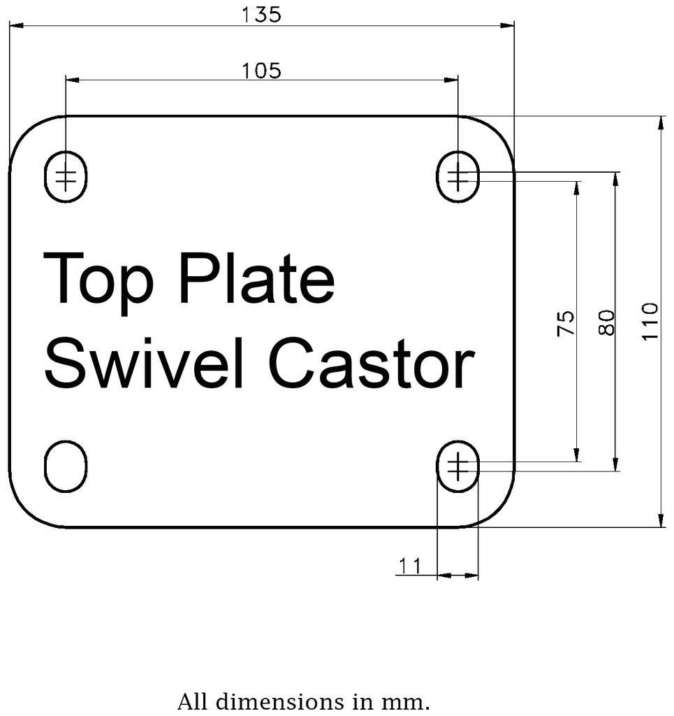 800 series 150mm swivel top plate 135x110mm - Plate drawing