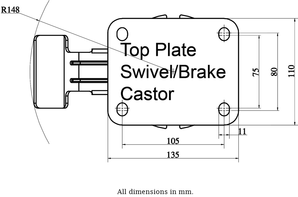 1500 series 150mm swivel/brake top plate 135x110mm - Plate drawing