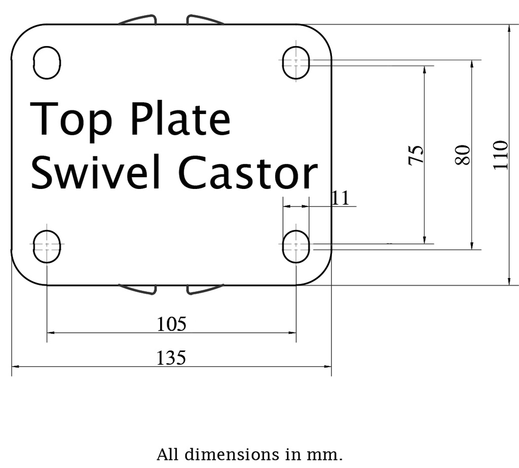 1500 series 200mm swivel top plate 135x110mm - Plate drawing
