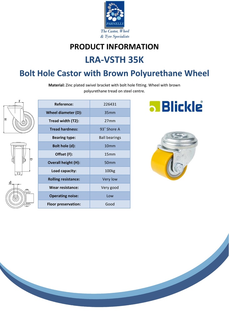 100 series 35mm Blickle swivel  bolt hole 11mm castor with polyurethane on steel centre ball bearing wheel 100kg - Spec sheet