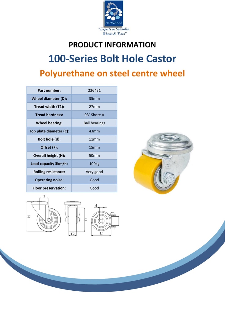 100 series 35mm Blickle swivel  bolt hole 11mm castor with polyurethane on steel centre ball bearing wheel 100kg - Spec sheet