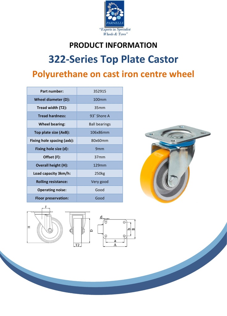 322 series 100mm swivel top plate 106x86mm castor with polyurethane on cast iron centre ball bearing wheel 250kg - Spec sheet