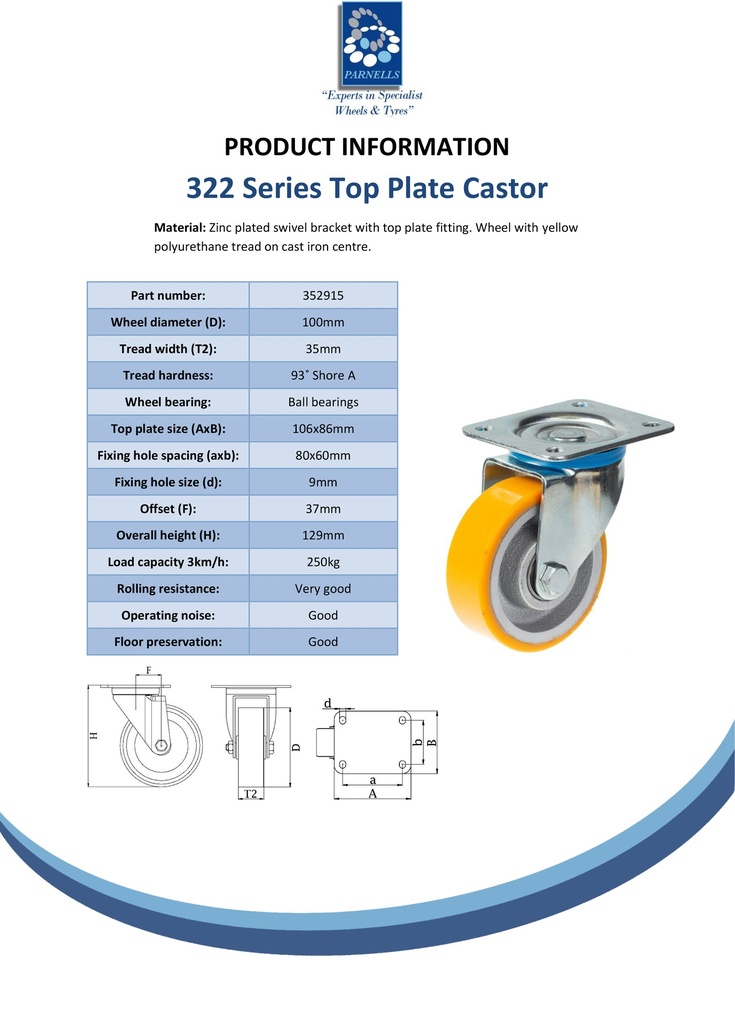 322 series 100mm swivel top plate 106x86mm castor with polyurethane on cast iron centre ball bearing wheel 250kg - Spec sheet