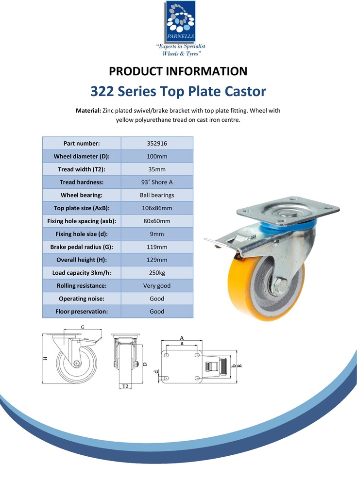 322 series 100mm swivel/brake top plate 106x86mm castor with polyurethane on cast iron centre ball bearing wheel 250kg - Spec sheet
