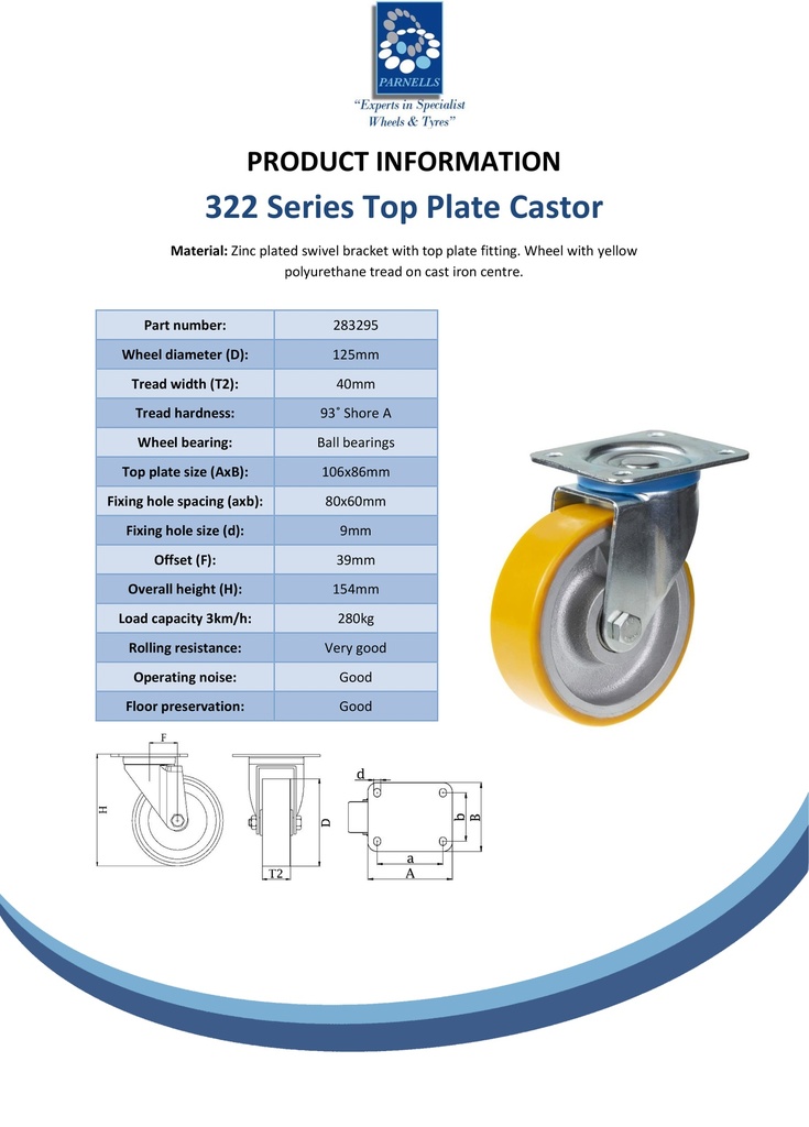 322 series 125mm swivel top plate 106x86mm castor with polyurethane on cast iron centre ball bearing wheel 280kg - Spec sheet
