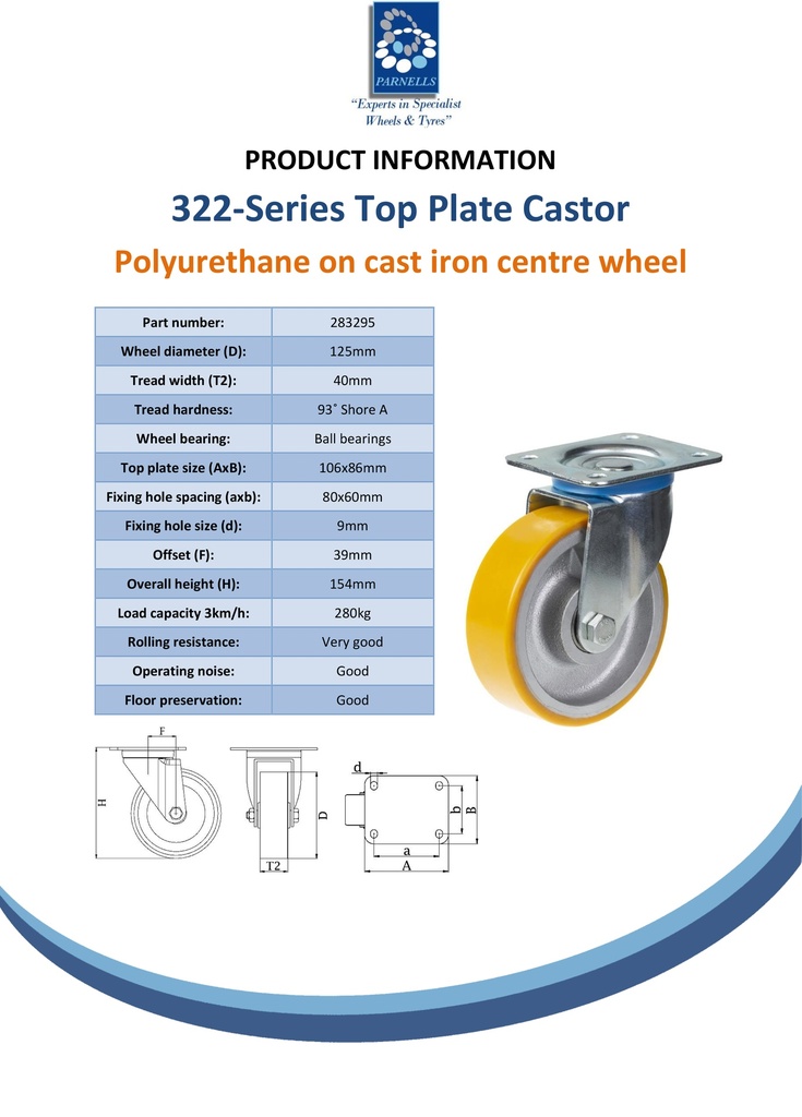 322 series 125mm swivel top plate 106x86mm castor with polyurethane on cast iron centre ball bearing wheel 280kg - Spec sheet