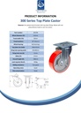 300 series 152mm swivel top plate 140x110mm castor with red polyurethane on cast iron centre ball bearing wheel 300kg - Spec sheet