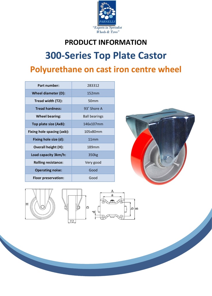 300 series 152mm fixed top plate 146x107mm castor with red polyurethane on cast iron centre ball bearing wheel 300kg - Spec sheet