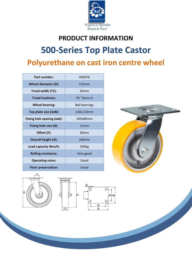500 series 125mm swivel top plate 140x110mm castor with polyurethane on cast iron centre ball bearing wheel 500kg - Spec sheet