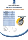 500 series 125mm swivel top plate 140x110mm castor with polyurethane on cast iron centre ball bearing wheel 500kg - Spec sheet