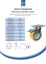 500 series 125mm swivel/brake top plate 140x110mm castor with polyurethane on cast iron centre ball bearing wheel 500kg - Spec sheet