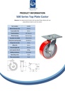500 series 152mm swivel top plate 140x110mm castor with polyurethane on cast iron centre ball bearing wheel 500kg - Spec sheet