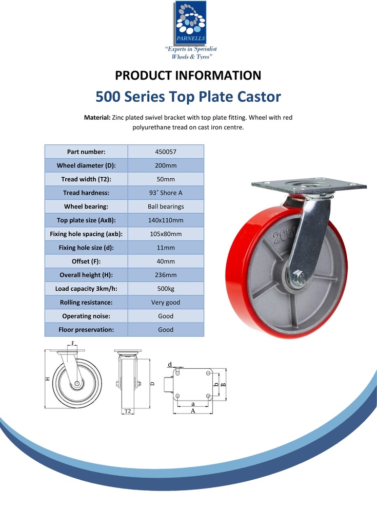 500 series 200mm swivel top plate 140x110mm castor with polyurethane on cast iron centre ball bearing wheel 500kg - Spec sheet