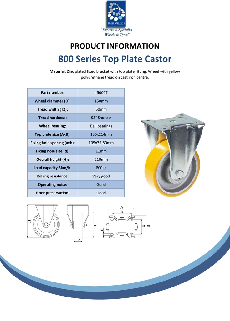 800 series 150mm fixed top plate 135x114mm castor with polyurethane on cast iron centre ball bearing wheel 800kg - Spec sheet