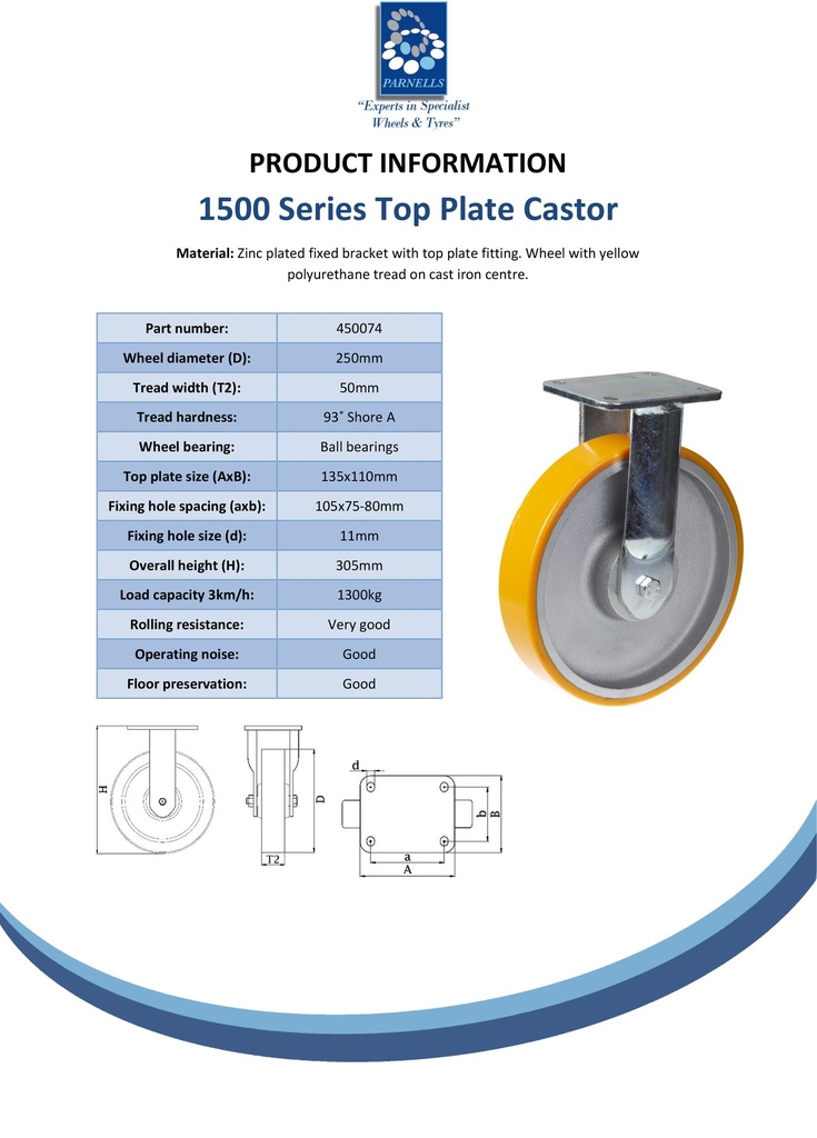 1500 series 250mm fixed  top plate 135x110mm castor with polyurethane on cast iron centre ball bearing wheel 1300kg - Spec sheet