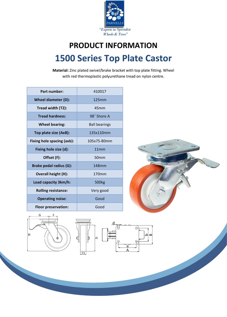 1500 series 125mm swivel/brake top plate 135x110mm castor with polyurethane on nylon centre ball bearing wheel 500kg - Spec sheet