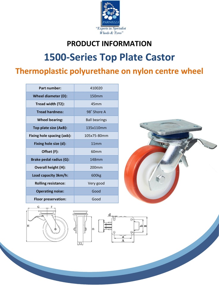 1500 series 150mm swivel/brake top plate 135x110mm castor with polyurethane on nylon centre ball bearing wheel 600kg - Spec sheet