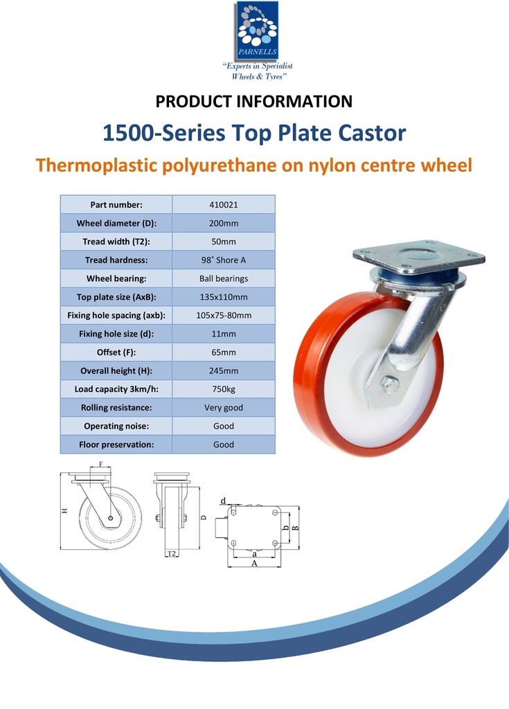 1500 series 200mm swivel top plate 135x110mm castor with polyurethane on nylon centre ball bearing wheel 750kg - Spec sheet
