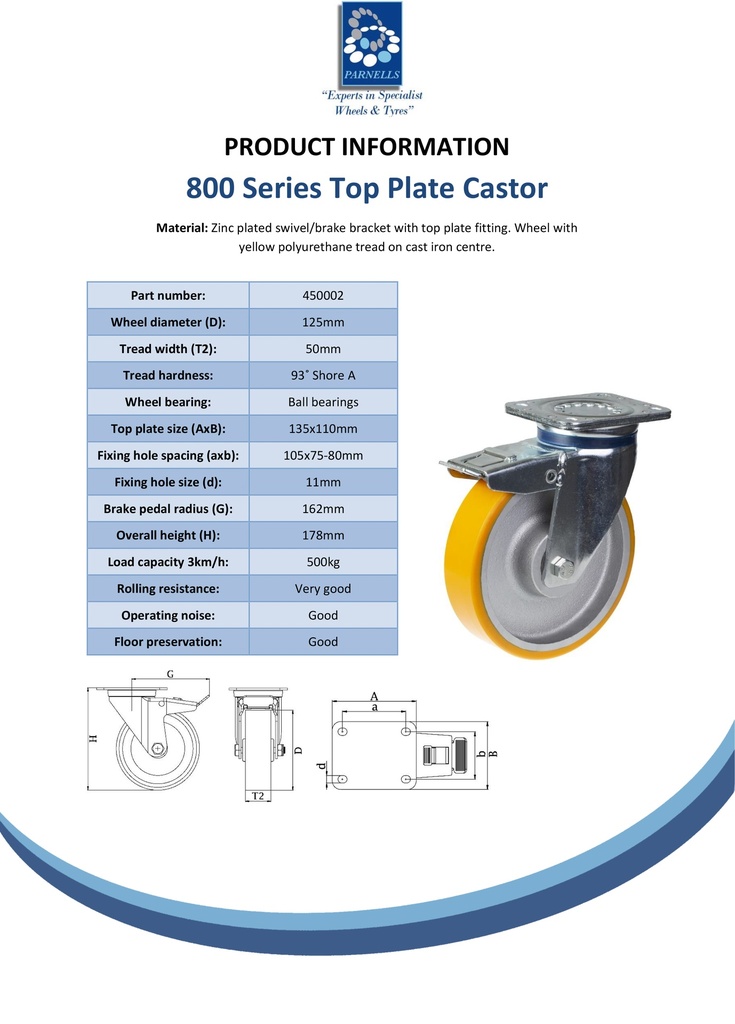 800 series 125mm swivel/brake top plate 135x110mm castor with polyurethane on cast iron centre ball bearing wheel 500kg - Spec sheet