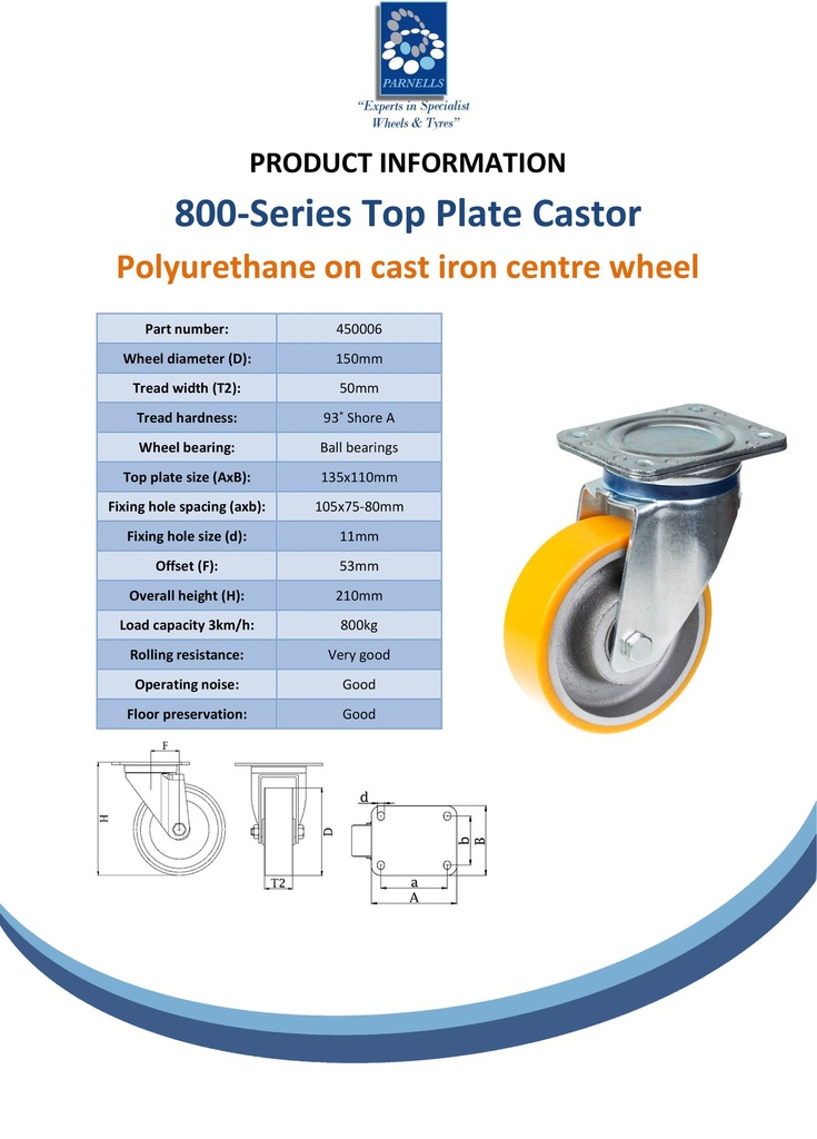 800 series 150mm swivel top plate 135x110mm castor with polyurethane on cast iron centre ball bearing wheel 800kg - Spec sheet