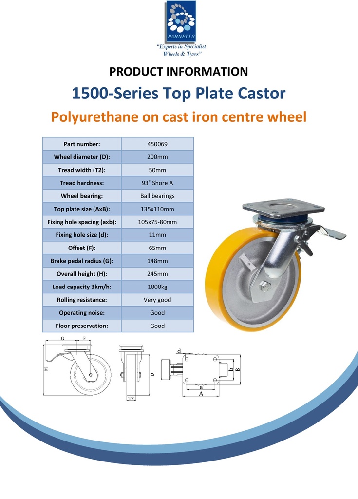 1500 series 200mm swivel/brake top plate 135x110mm castor with polyurethane on cast iron centre ball bearing wheel 1000kg - Spec sheet