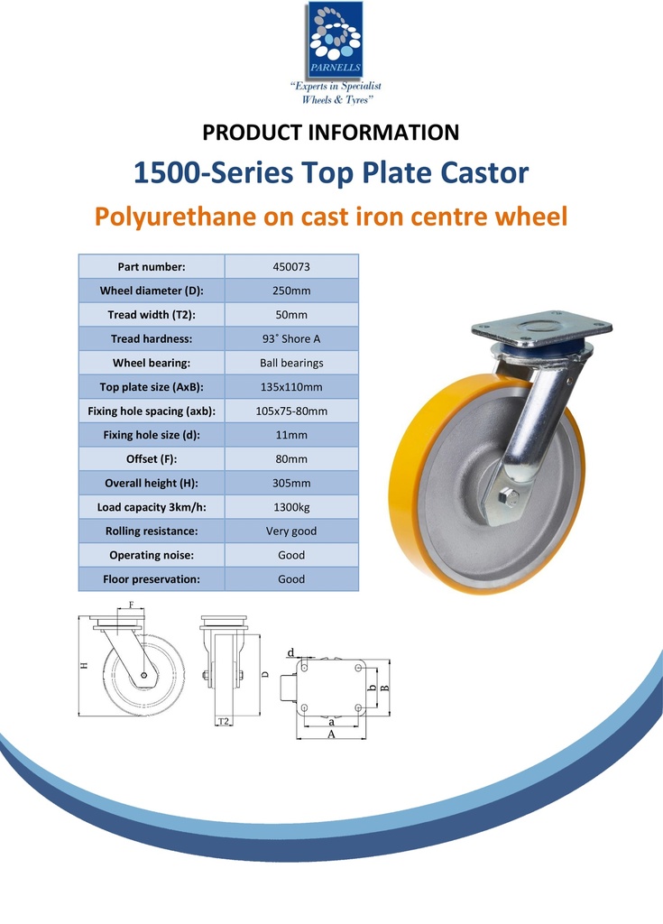 1500 series 250mm swivel top plate 135x110mm castor with polyurethane on cast iron centre ball bearing wheel 1300kg - Spec sheet