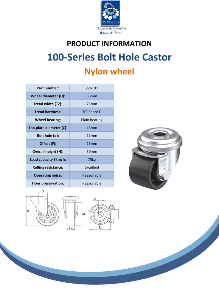 100 series 35mm Blickle swivel bolt hole 10mm castor with black nylon plain bearing wheel 75kg - Spec sheet