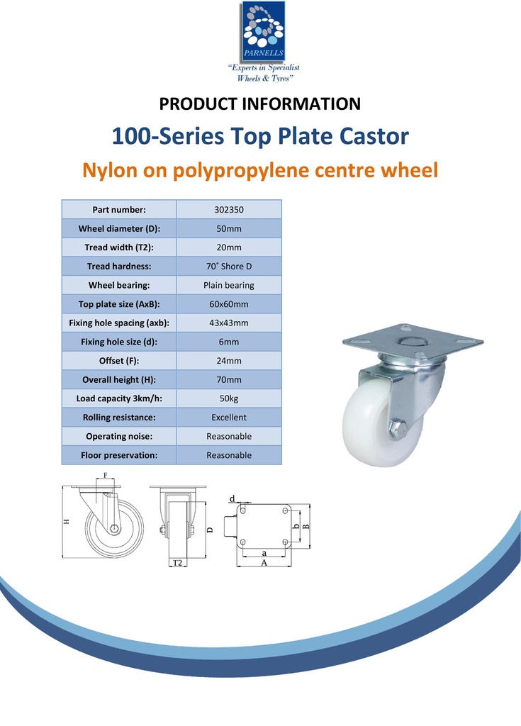 100 series 50mm swivel top plate 60x60mm castor with nylon tread on polypropylene centre plain bearing wheel 50kg - Spec sheet