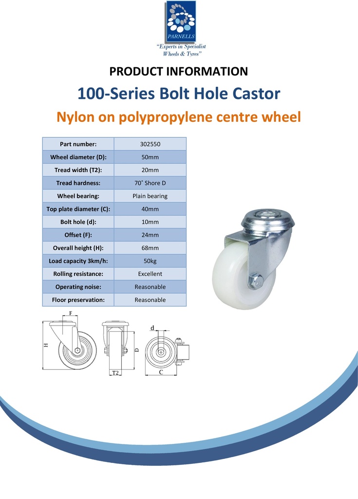 100 series 50mm swivel bolt hole 10mm castor with nylon tread on polypropylene centre plain bearing wheel 50kg - Spec sheet