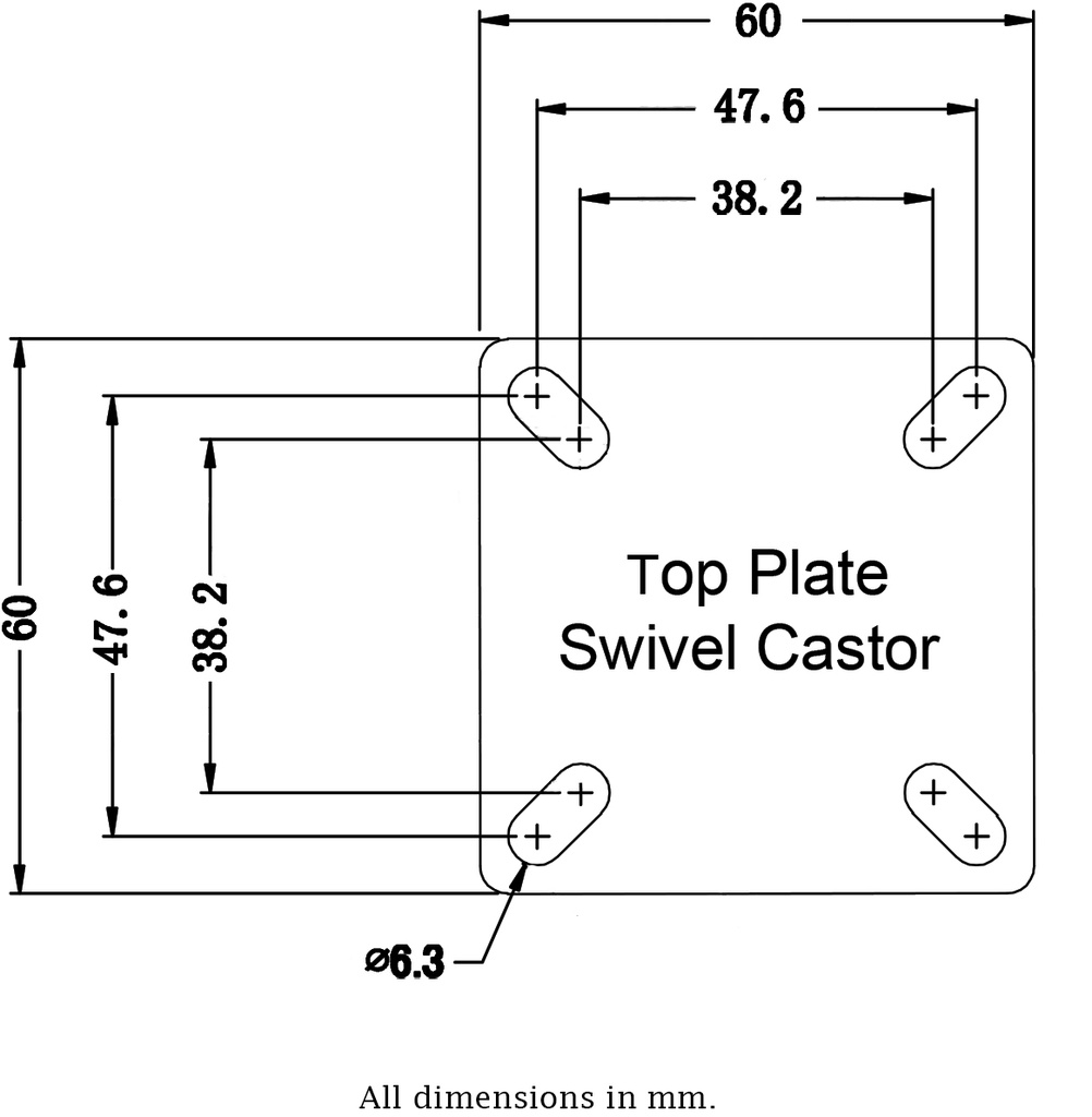 100 series 2x50mm swivel top plate 60x60mm - Plate drawing