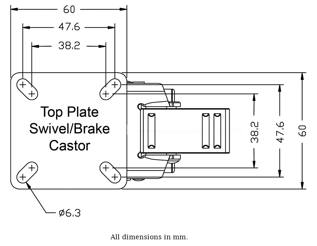 100 series 2x50mm swivel/brake top plate 60x60mm - Plate drawing