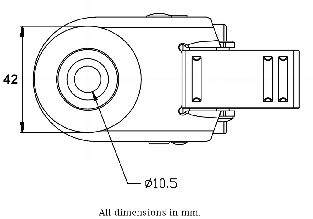 100 series 2x50mm swivel/brake bolt hole 10mm - Plate drawing