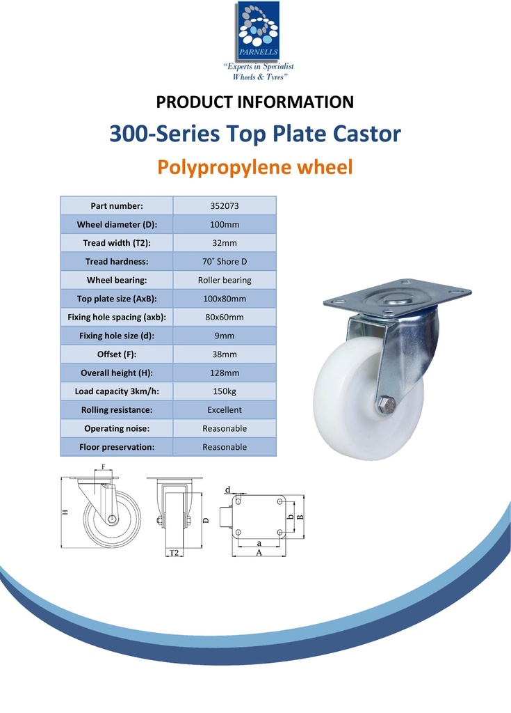300 Series 100mm swivel top plate 100x80mm castor with polypropylene roller bearing wheel 150kg - Spec sheet