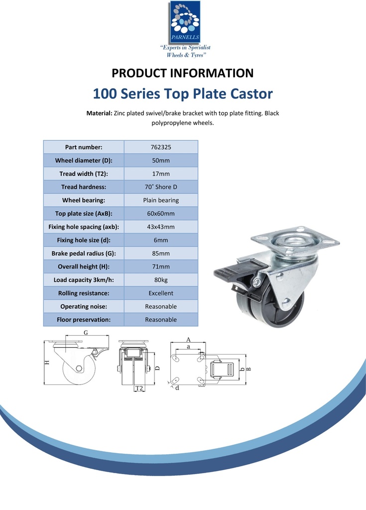 100 series 2x50mm swivel/brake top plate 60x60mm castor with polypropylene plain bearing wheels 80kg - Spec sheet