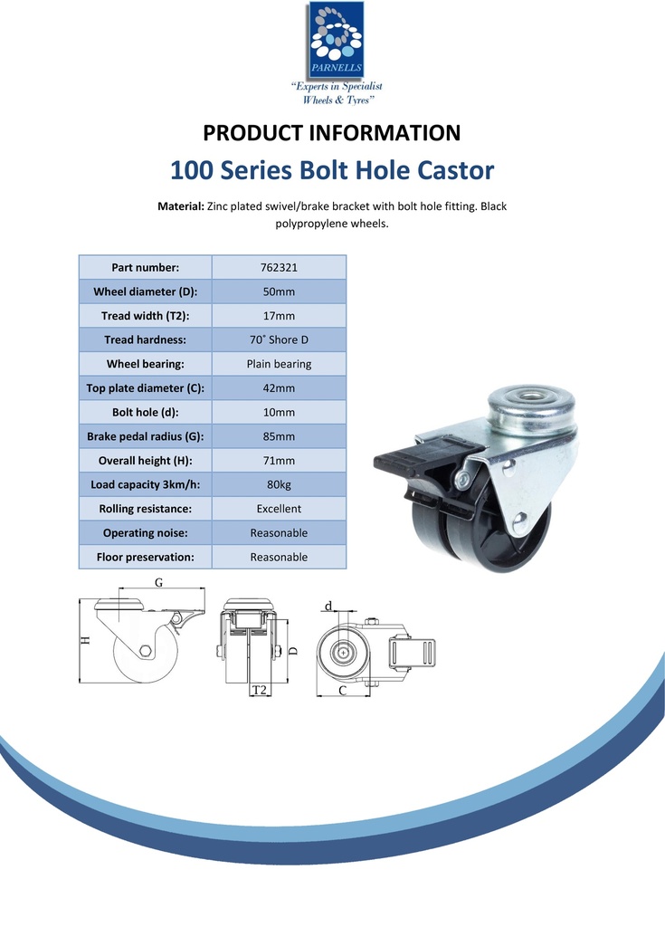 100 series 2x50mm swivel/brake bolt hole 10mm castor with polypropylene plain bearing wheels 80kg - Spec sheet