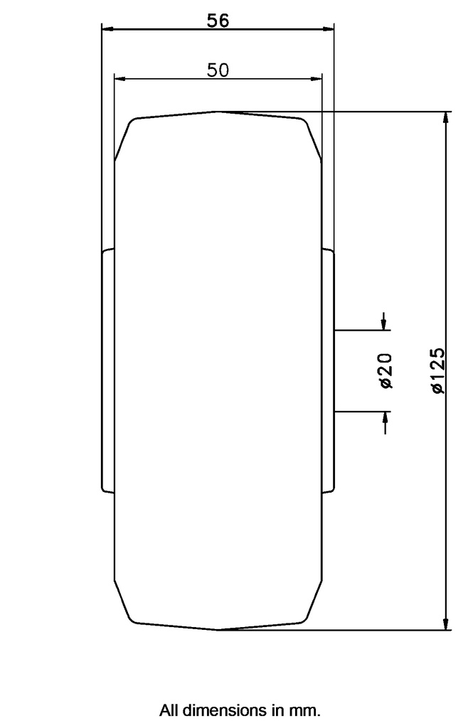 Wheel series 125mm blue elastic rubber on nylon centre 20mm bore hub length 56mm ball bearing 250kg - Wheel dimensions