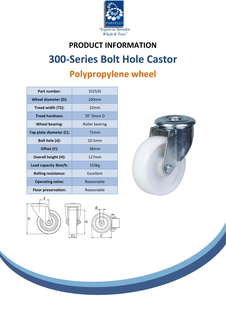 300 series 100mm swivel bolt hole 10,5mm castor with polypropylene roller bearing wheel 150kg - Spec sheet