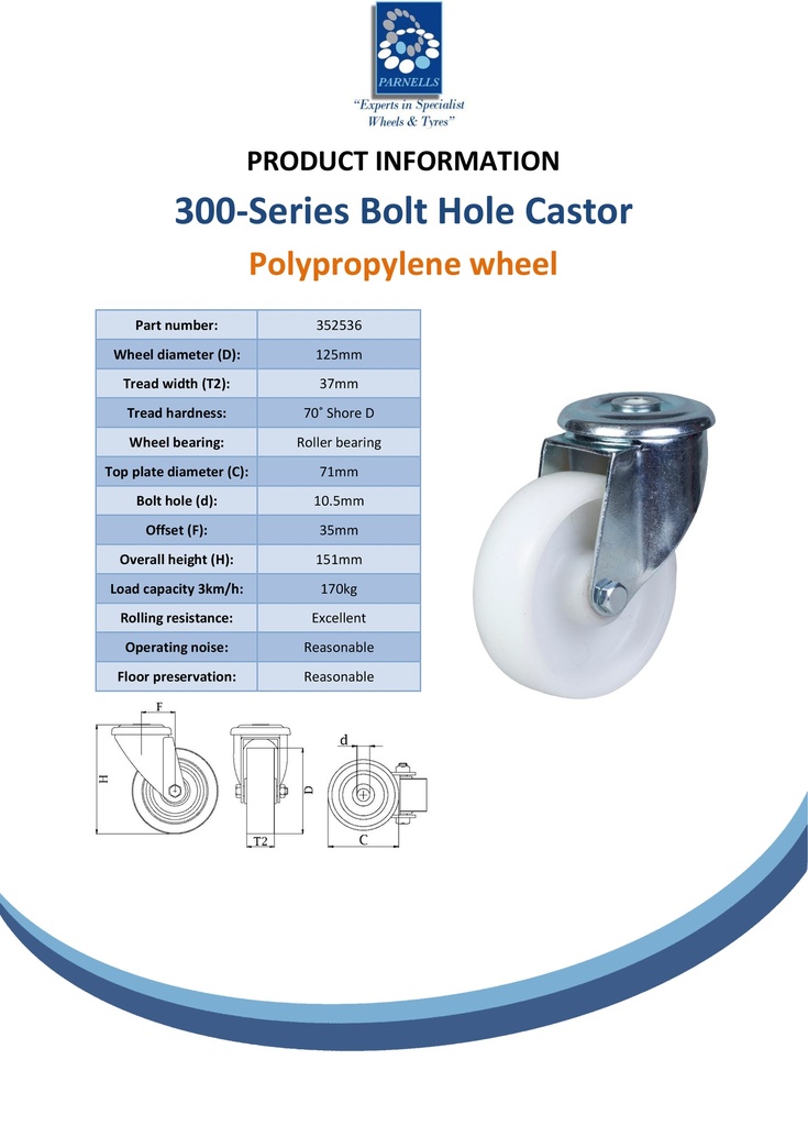 300 series 125mm swivel bolt hole 10,5mm castor with polypropylene roller bearing wheel 170kg - Spec sheet