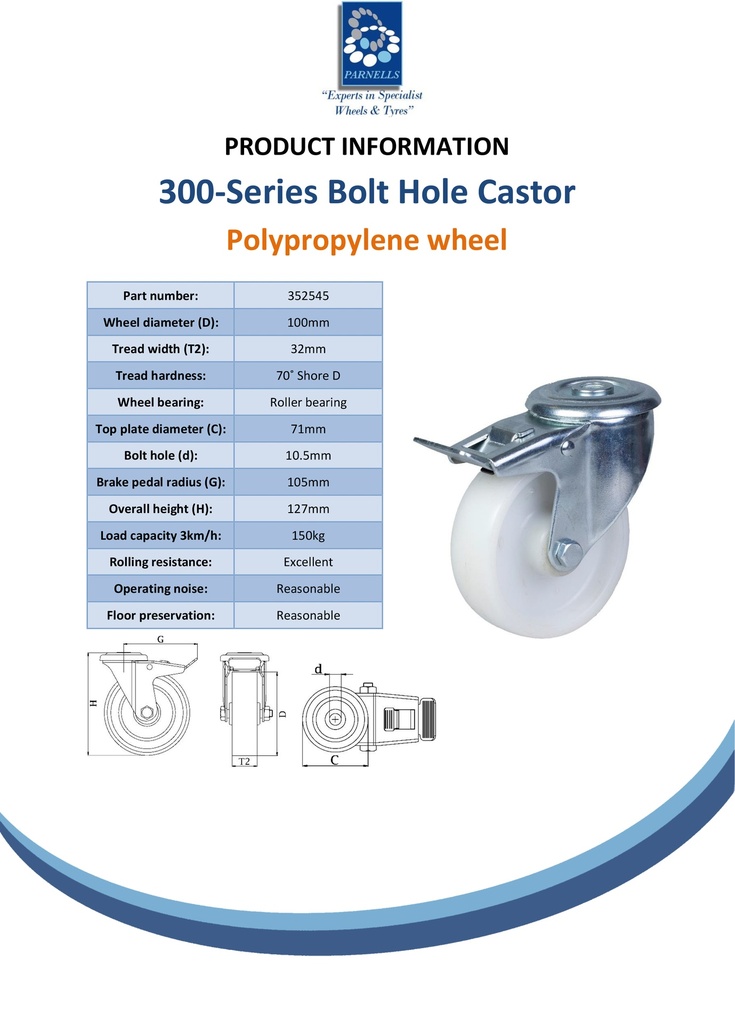 300 series 100mm swivel/brake bolt hole 10,5mm castor with polypropylene roller bearing wheel 150kg - Spec sheet