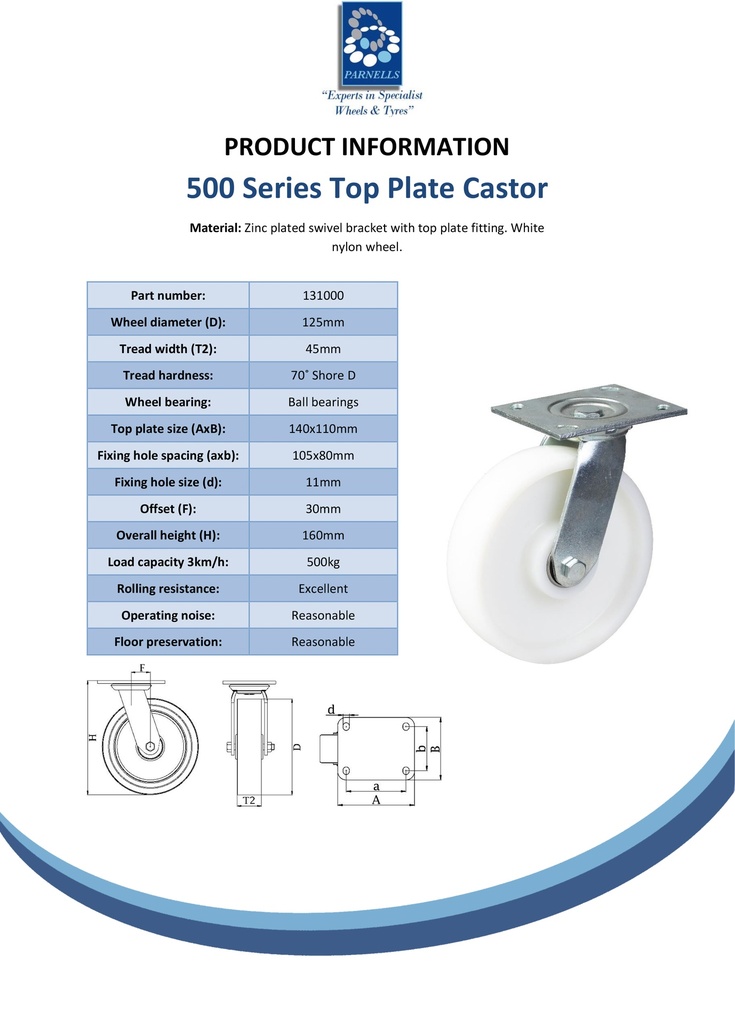 500 series 125mm swivel top plate 140x110mm castor with nylon ball bearing wheel 500kg - Spec shet
