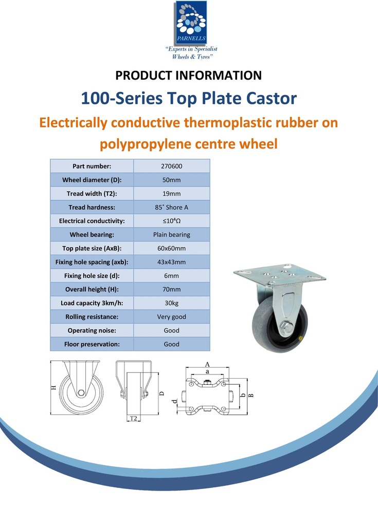 100 series 50mm fixed top plate 60x60mm castor with electrically conductive grey TPR-rubber on polypropylene centre plain bearing wheel 30kg - Spec sheet