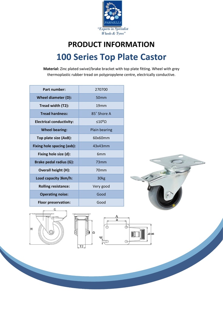 100 series 50mm swivel/brake top plate 60x60mm castor with electrically conductive grey TPR-rubber on polypropylene centre plain bearing wheel 30kg - Spec sheet