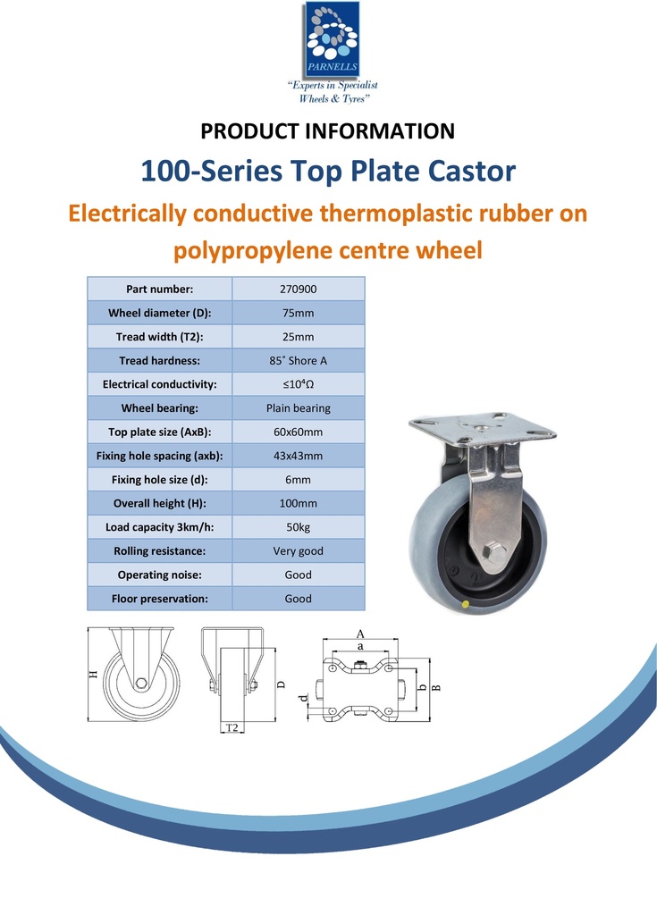 100 series 75mm fixed top plate 60x60mm castor with electrically conductive grey TPR-rubber on polypropylene centre plain bearing wheel 50kg - Spec sheet